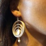 Unique Big Ring Earrings of Maple Wood, 14k Gold Wire, Shell and Cultured Pearl