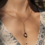 Peaceful Walnut Wood and Cultured Pearl Drop Necklace with 14k Gold Wire by Japanese Artist