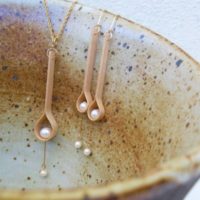 Minimalist Style Handmade Dangle Jewelry of Maple Wood, 14k Gold Wire and Cultured Pearl