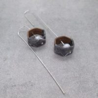 Unique Long Hanging Hexagon Earrings With Silver Wire, Freshwater pearl, Japanese Washi Black
