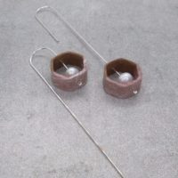 Beautiful Handcrafted Long Teardrop Hexagon Earrings With Silver Wire, Walnut, Cultured Pearl And Washi Paper Pink
