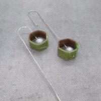 Simple Artisan Long Drop Tiny Hexagon Earrings With Silver Wire, Wood, Pearl And Washi Paper In Moss Color