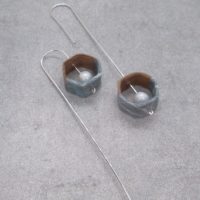 Long Hanging Small Hexagon Earrings With Sterling Silver Wire, Wood, FreshWater Pearl And Japanese Paper In Sky Color