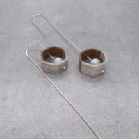 Minimalist Long Dangle Little Hexagon Earrings With Silver Wire, Wood, Freshwater Pearl And Japanese Paper in White