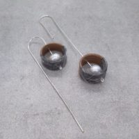 Original Long Drop Tiny Circle Earrings With Silver Wire, Walnut, Pearl And Washi Paper In Black