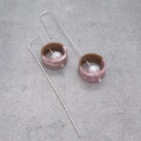 Organic Handmade Long Silver Wire Hook Round Earrings With Wood, Pearl And Washi In Pink