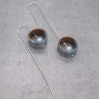 Gorgeous Handcrafted Long Silver Wire Hook Round Earrings With Wood, Pearl And Washi In Blue
