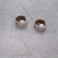 Earthy Long Dangle Little Round Earrings With Sterling Silver Wire, Wood, Freshwater Pearl And Japanese Paper in White