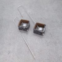 Brilliant Hanging Square Earrings With Long Sterling Silver Wire, Walnut, Pearl And Paper in Black