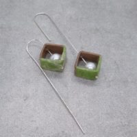Distinguished Green square earrings with sterling silver tail handcrafted Japanese artisan