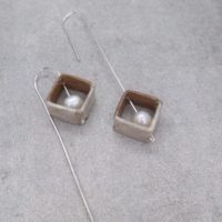 Exclusive handmade white square drop earrings with wood, pearl, silver designed by Minimalism artisan