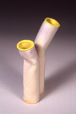 Two white vases with yellow top edges sticking together