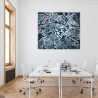 A large blue abstract painting