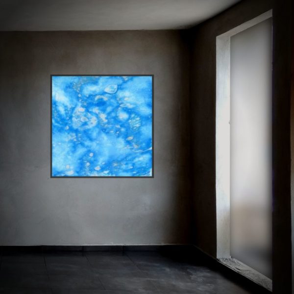 A blue contemporary painting on gray wall